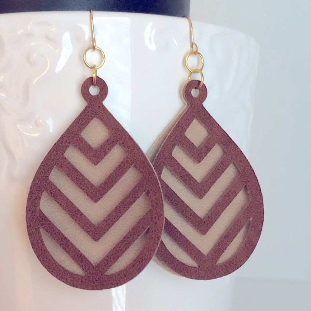 New Faux Leather Hand Crafted Earrings Brown Beige Tan Chevron Stripes Layered